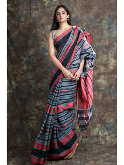 CHARUKRITI - Allover Weaving Stripe Grey Handloom Saree With Unstitched Blouse