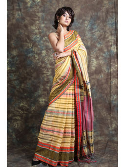 CHARUKRITI - Allover Weaving Stripe Yellow Handloom Saree With Unstitched Blouse