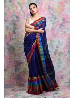 CHARUKRITI - Navy Blue Organic Cotton Saree With Fish Motif Weaving and Unstitched Blouse