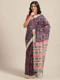Sareemall - Blue Floral Printed Saree With Unstitched Blouse