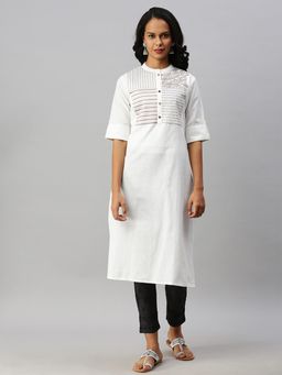 Soch - White Cotton Blend Embroidered Kurtis