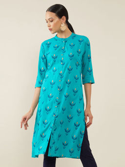Soch - Teal Rayon Block Print Kurta