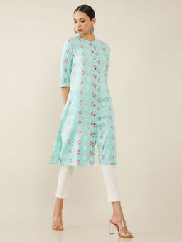 Soch - Powder Blue Rayon Block Print Kurta