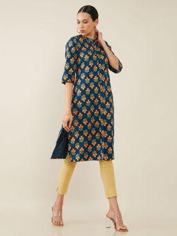 Soch - Blue Rayon Block Print Kurta
