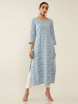 Soch - Grey Rayon Block Print Kurta