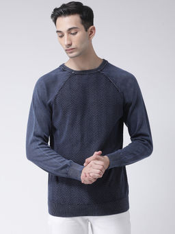 Club York - Indigo Full Sleeve Self Design Round Neck Sweater