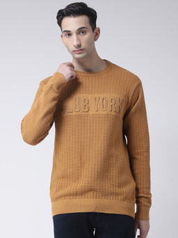 Club York - Khaki Full Sleeve Self Design Round Neck Sweater