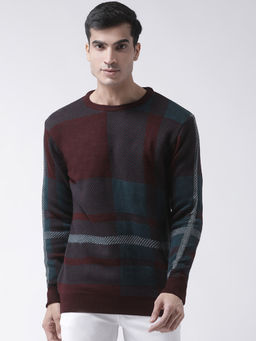 Club York - Maroon Full Sleeve Checked Round Neck Sweater