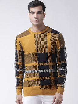 Club York - Mustard Full Sleeve Checked Round Neck Sweater