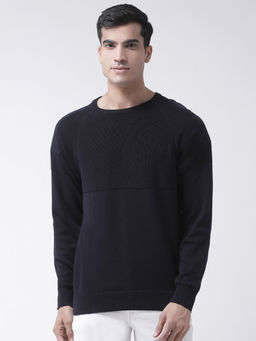 Club York - Navy Blue Full Sleeve Self Design Round Neck Sweater