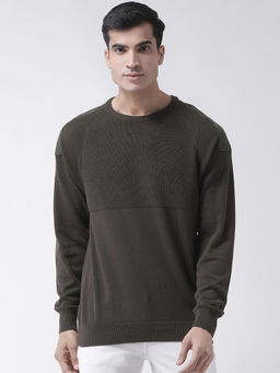 Club York - Olive Full Sleeve Self Design Round Neck Sweater