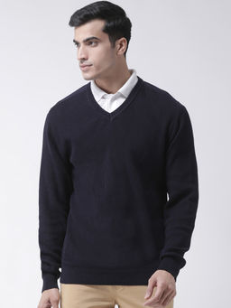Club York - Navy Blue Full Sleeve Self Design V-Neck Sweater