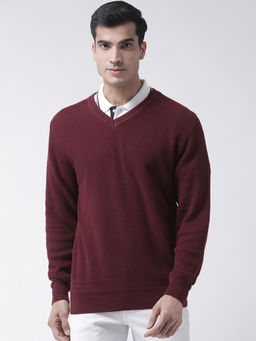 Club York - Maroon Full Sleeve Self Design V-Neck Sweater