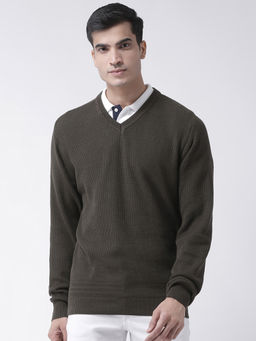 Club York - Olive Full Sleeve Self Design V-Neck Sweater