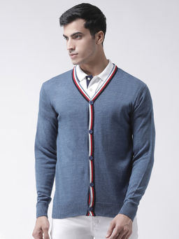 Club York - Blue Full Sleeve Solid/Plain V-Neck Sweater
