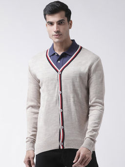 Club York - Beige Full Sleeve Solid/Plain V-Neck Sweater