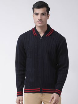 Club York - Navy Blue Full Sleeve Self Design Mandarin Neck Sweater