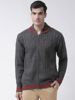 Club York - Charcoal Full Sleeve Self Design Mandarin Neck Sweater