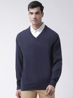 Club York - Navy Blue Full Sleeve Solid/Plain V-Neck Sweater