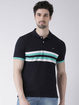 Club York - Mens Navy Blue Half Sleeve Striped Polo Collar T-shirt With Mattle Tab