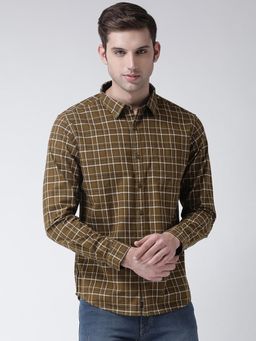 Club York - Men's Olive Full Sleeve Checkered Cutaway Collar Casual Shirt with Patch Pocket