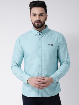 Club York - Men's Blue Full Sleeve Solid Button-Down Collar Casual Shirt Has Chest Embroidery