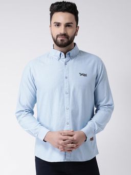 Club York - Men's Blue Full Sleeve Solid Button-Down Collar Casual Shirt Has Chest Embroidery