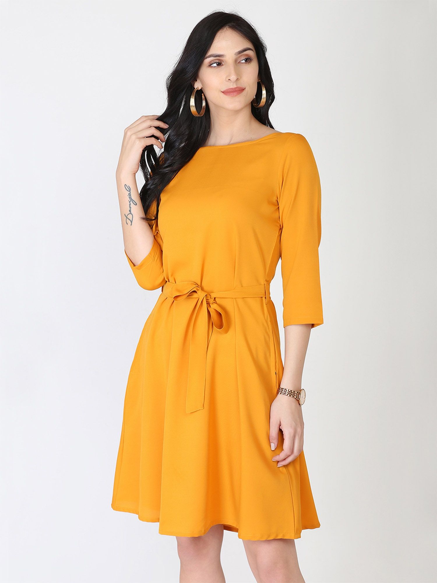 Abhishti Belt & Bow Polycrepe Mustard Shift Dress