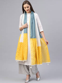 Rain & Rainbow - Women White & Yellow Colourblocked Dupatta