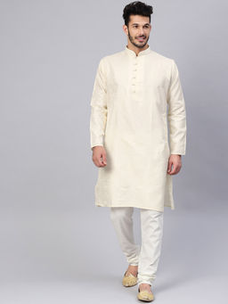 SOJANYA - Men Silk Blend Cream Kurta And Off White Churidar Pyjama (Set of 2)