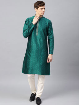 SOJANYA - Men Silk Blend Teal Green Kurta And Off White Churidar Pyjama (Set of 2)