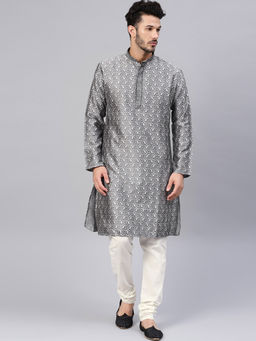 SOJANYA - Silk Blend Grey Kurta and Off White Churidar Pyjama (Set of 2)