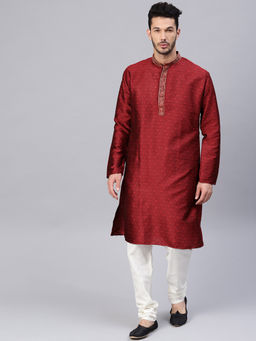 SOJANYA - Silk Blend Maroon Kurta And Off White Churidar Pyjama (Set of 2)