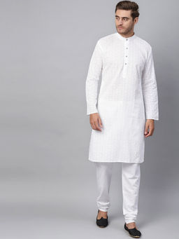 SOJANYA - 100% Cotton White Chikan Kurta & Churidaar Pyjama (Set of 2)
