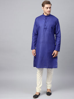 SOJANYA - Men Cotton Linen Royal Blue Kurta And Off White Churidar Pyjama (Set of 2)