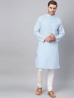 SOJANYA - Men Cotton Linen Sky Blue Kurta And Off White Churidar Pyjama (Set of 2)