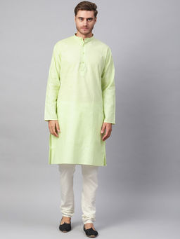 SOJANYA - Cotton Linen Lime Green Kurta And Off White Churidar Pyjama (Set of 2)
