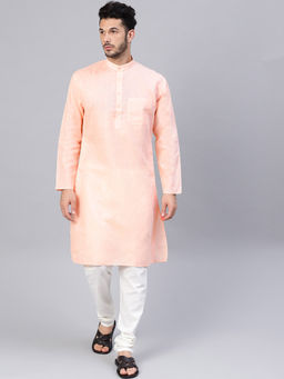 SOJANYA - Cotton Linen Peach Kurta and Off White Churidar Pyjama (Set of 2)