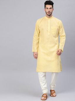 SOJANYA - Cotton Linen Yellow Kurta and Off White Churidar Pyjama (Set of 2)
