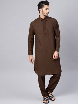 SOJANYA - Cotton Blend Chocolate Brown Pathani Kurta And Salwar (Set of 2)