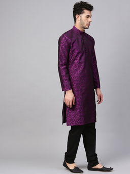 SOJANYA - Men's Jacquard Silk Purple Kurta & Black Churidar Pyjama Set (Set of 2)