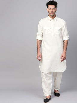 SOJANYA - Men's Cotton Linen Cream Pathani Kurta Salwar Set (Set of 2)