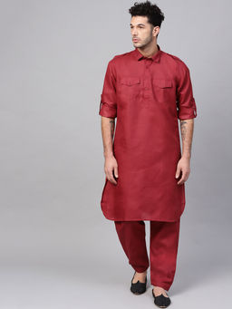 SOJANYA - Cotton Linen Maroon Pathani Kurta And Salwar (Set of 2)