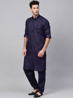 SOJANYA - Cotton Linen Navy Blue Pathani Kurta And Salwar (Set of 2)