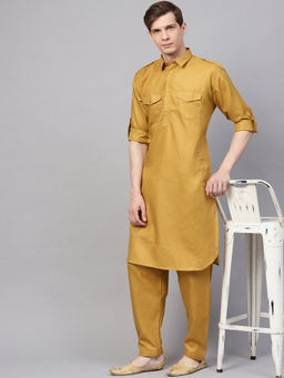 SOJANYA - Men's Cotton Linen Mustard Pathani Kurta Salwar Set (Set of 2)