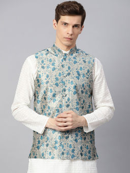 SOJANYA - Silk Blend Blue Printed Nehru Jacket
