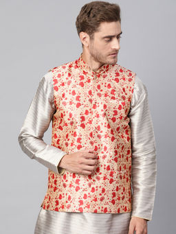 SOJANYA - Silk Blend Red Printed Nehru Jacket