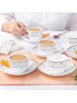 Larah by Borosil - White Grandeur 6 Piece Cup and Sauce Set (Pack of 6)
