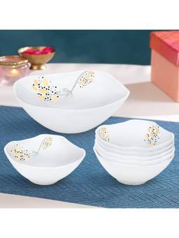 Larah by Borosil - White Caramel Opalware Pudding 7 Piece Serving Set