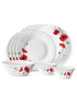 Larah by Borosil - White Red Carnation Opalware 13 Piece Dinner Set